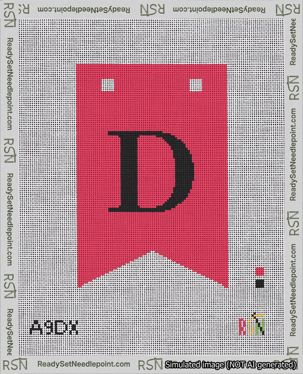 A taped needlepoint canvas with the design: Banner 18 mesh count Forked D Black on Red.