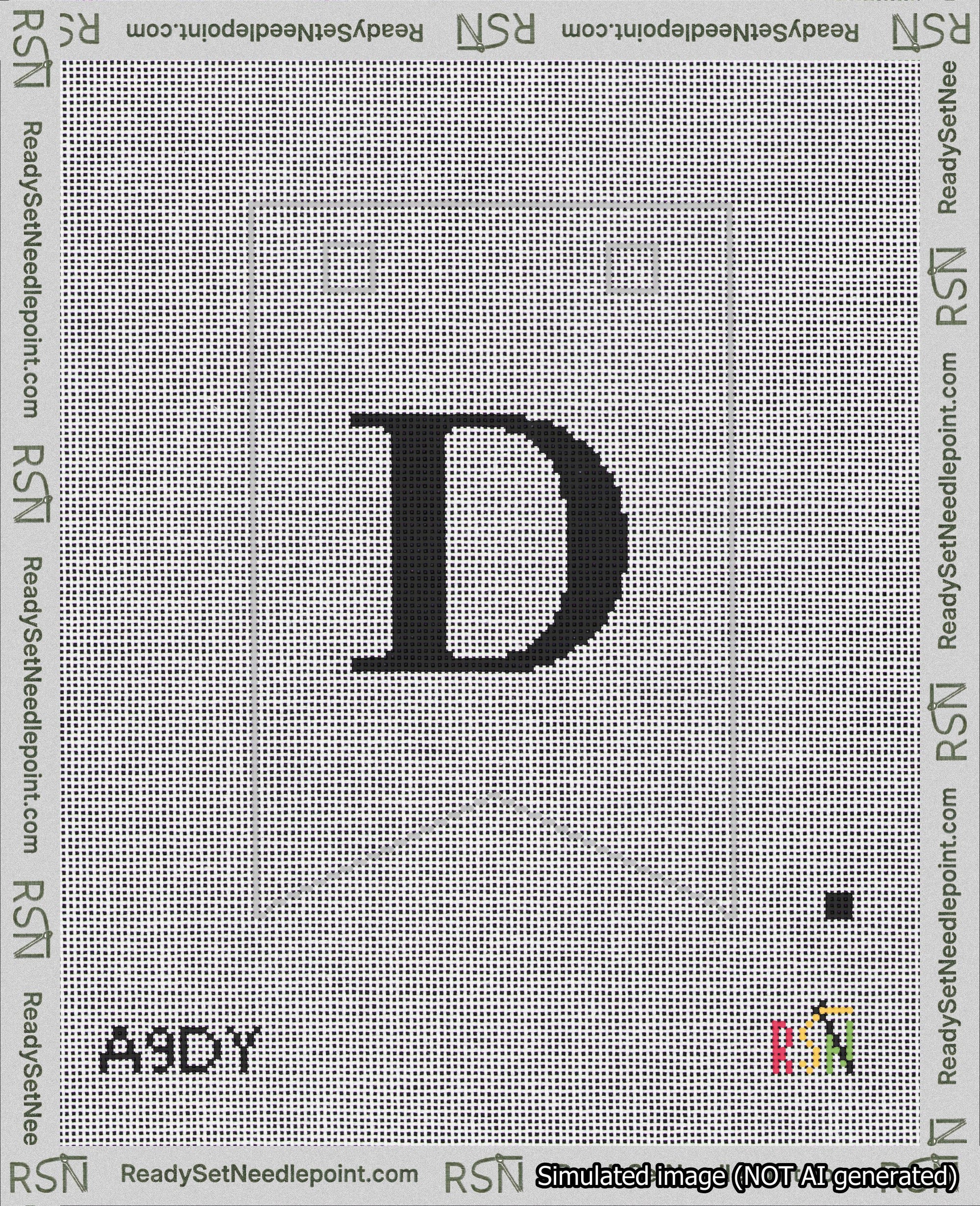 A taped needlepoint canvas with the design: Banner 18 mesh count Forked D Black on White.