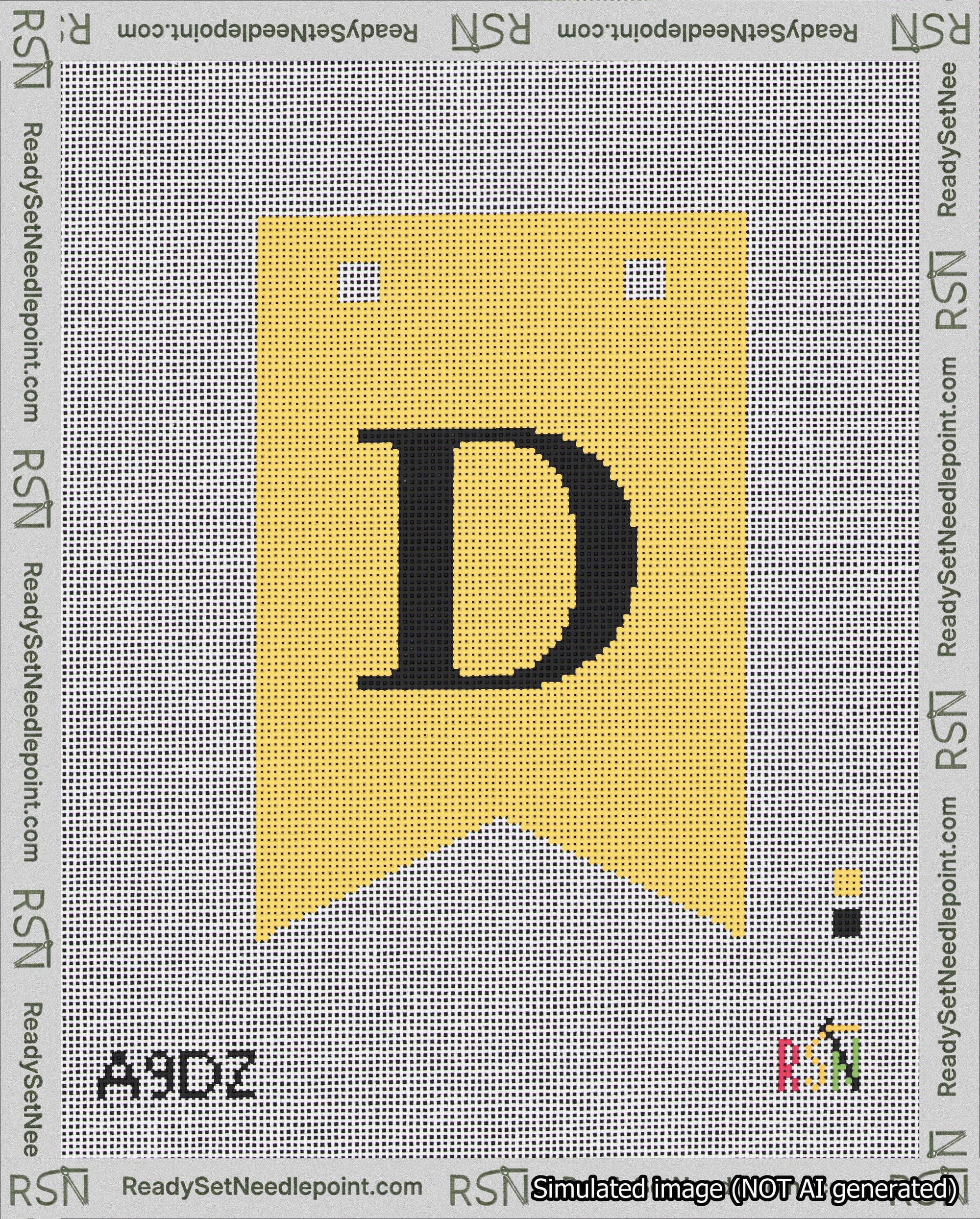 A taped needlepoint canvas with the design: Banner 18 mesh count Forked D Black on Yellow.