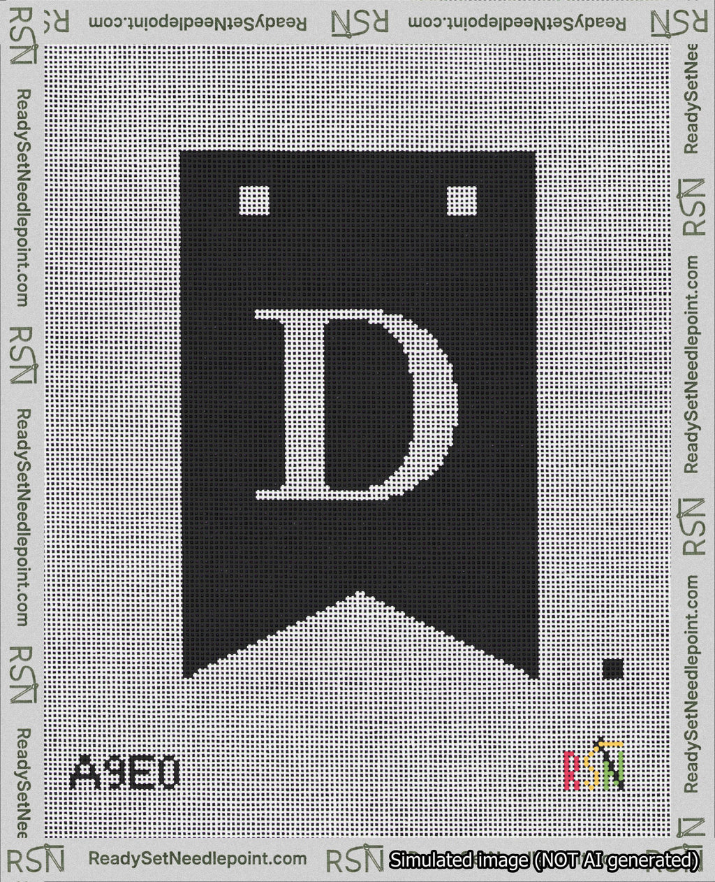 A taped needlepoint canvas with the design: Banner 18 mesh count Forked D White on Black.