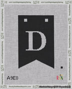 A taped needlepoint canvas with the design: Banner 18 mesh count Forked D White on Black.