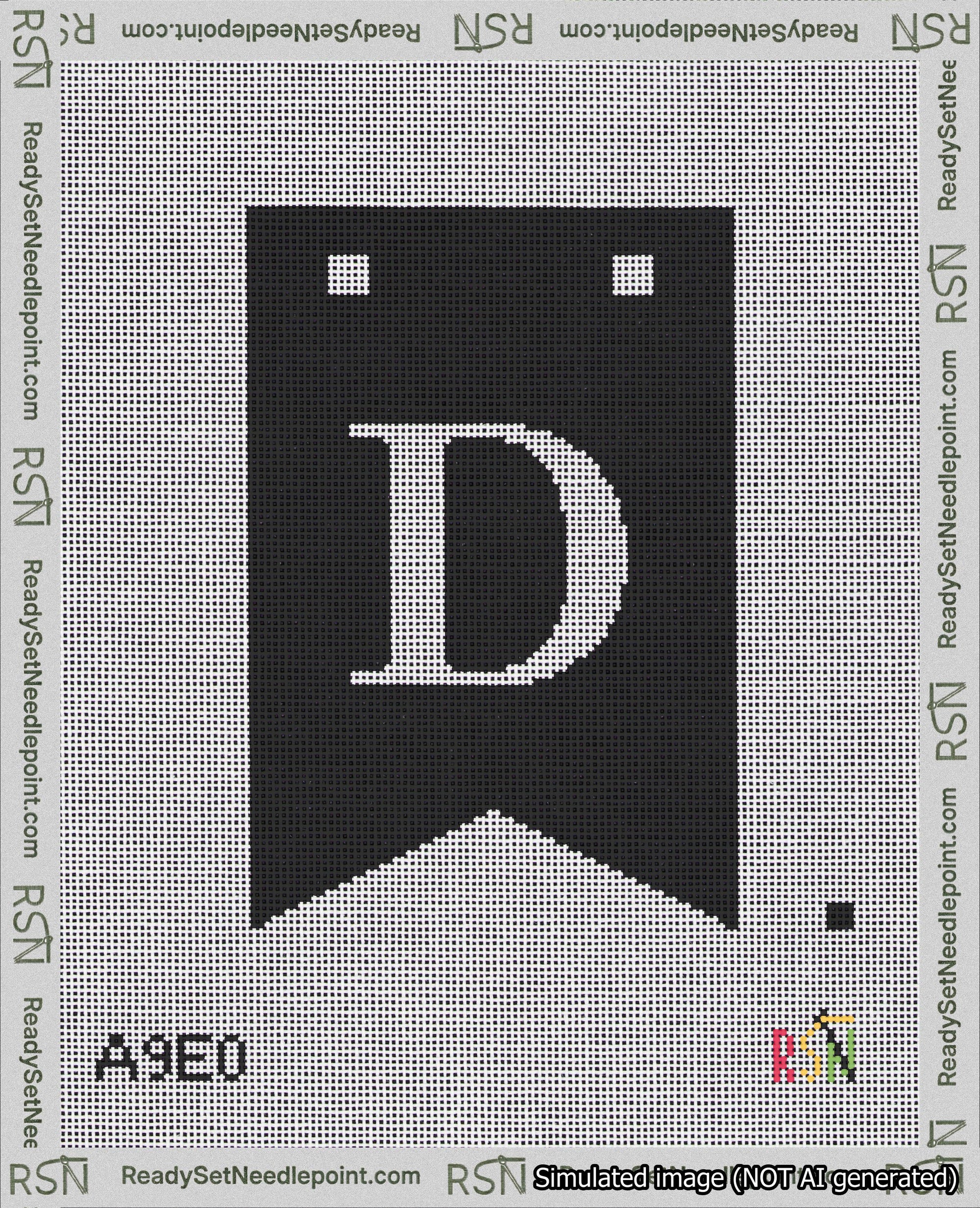 A taped needlepoint canvas with the design: Banner 18 mesh count Forked D White on Black.