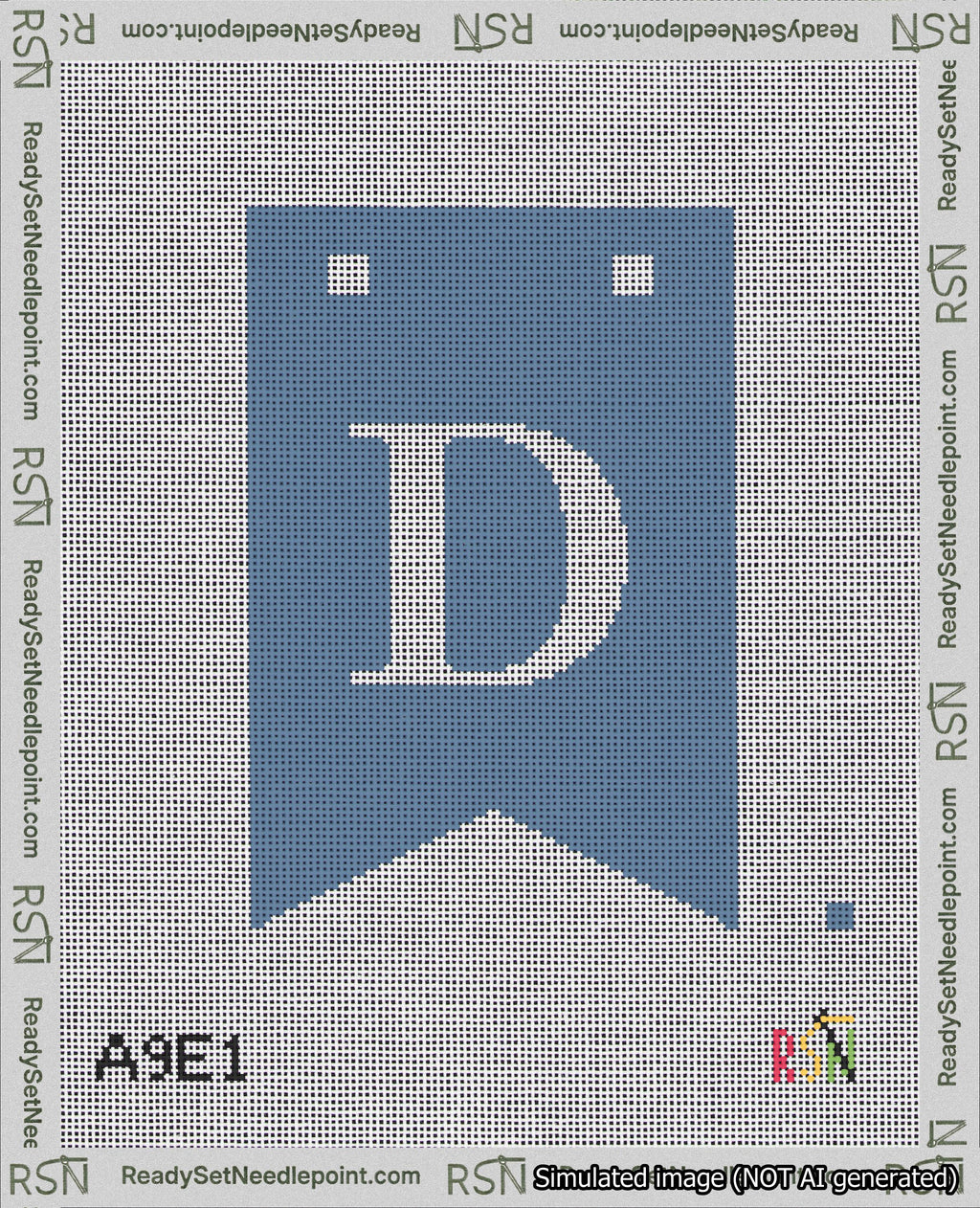 A taped needlepoint canvas with the design: Banner 18 mesh count Forked D White on Blue.