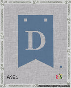 A taped needlepoint canvas with the design: Banner 18 mesh count Forked D White on Blue.