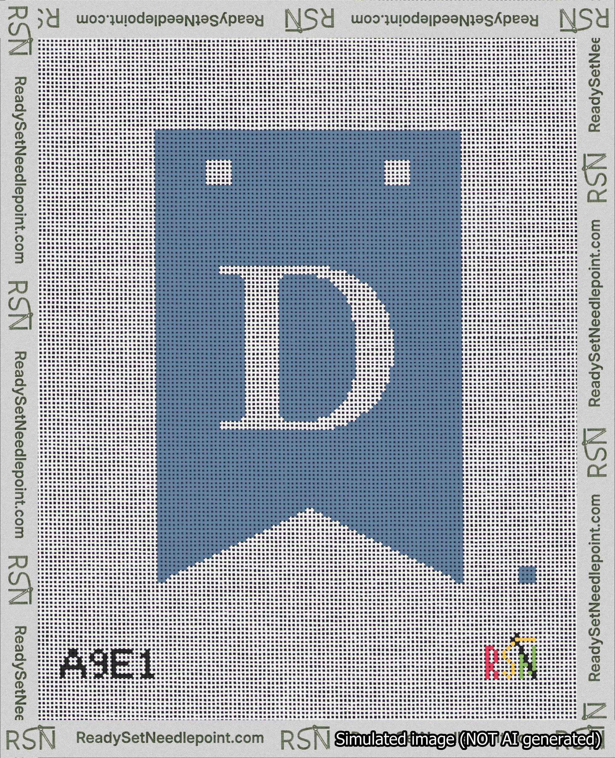 A taped needlepoint canvas with the design: Banner 18 mesh count Forked D White on Blue.