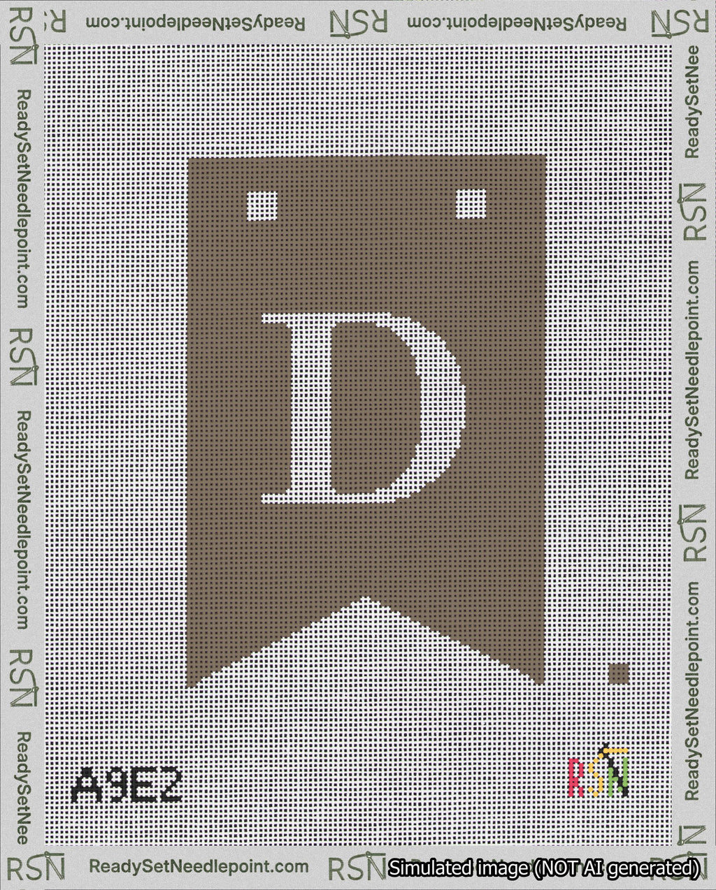 A taped needlepoint canvas with the design: Banner 18 mesh count Forked D White on Brown.