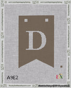 A taped needlepoint canvas with the design: Banner 18 mesh count Forked D White on Brown.