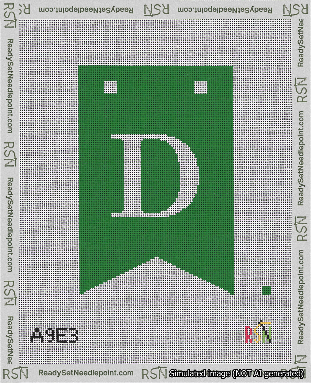 A taped needlepoint canvas with the design: Banner 18 mesh count Forked D White on Green.