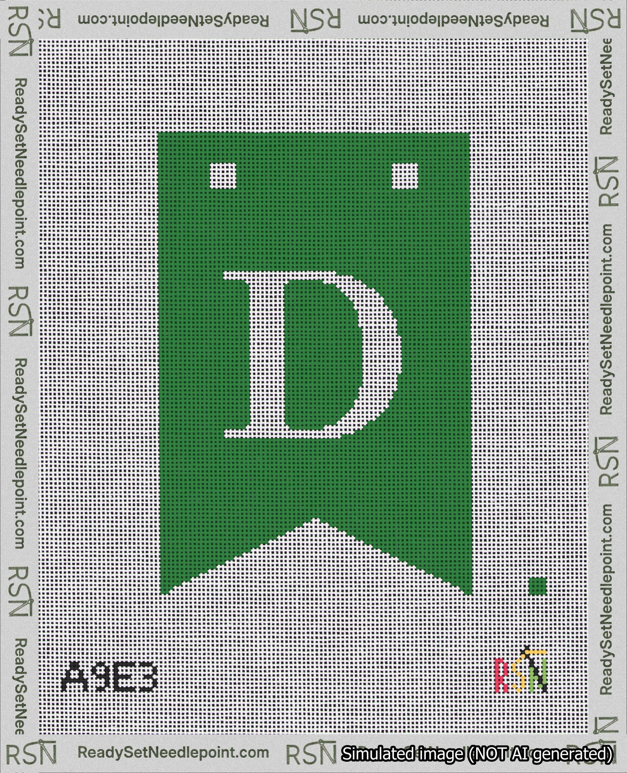 A taped needlepoint canvas with the design: Banner 18 mesh count Forked D White on Green.