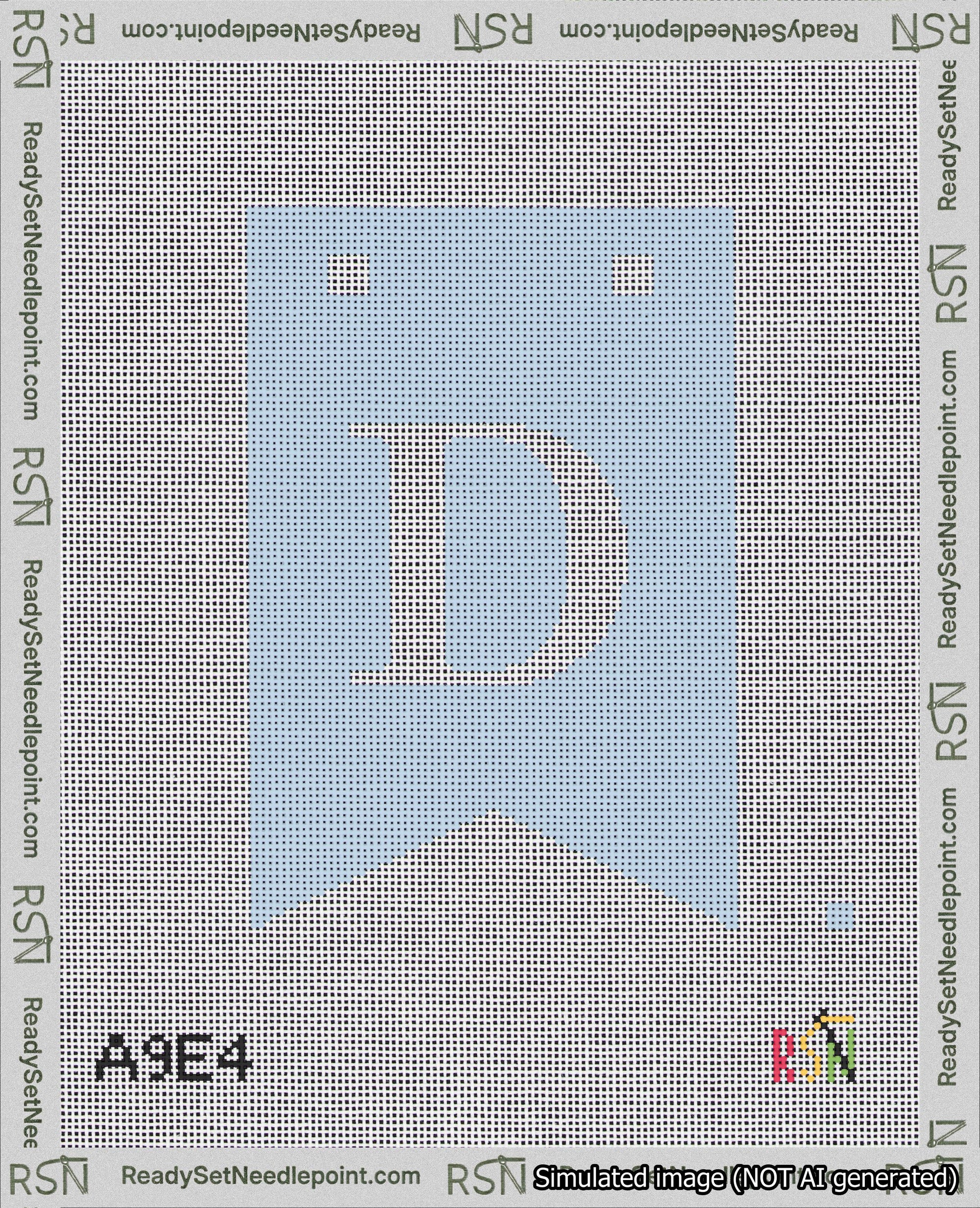 A taped needlepoint canvas with the design: Banner 18 mesh count Forked D White on Light Blue.