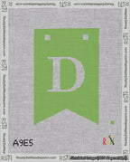 A taped needlepoint canvas with the design: Banner 18 mesh count Forked D White on Light Green.