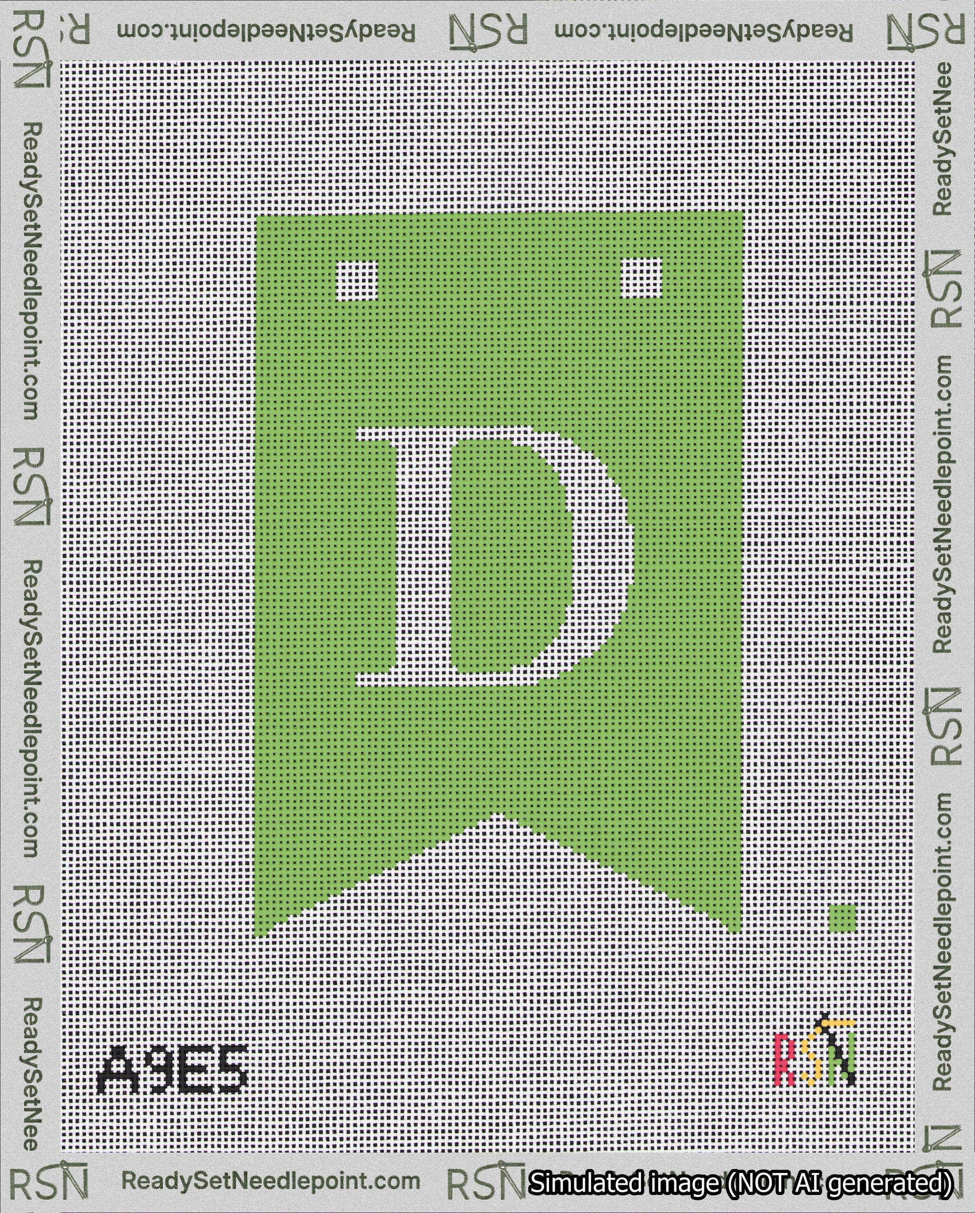 A taped needlepoint canvas with the design: Banner 18 mesh count Forked D White on Light Green.