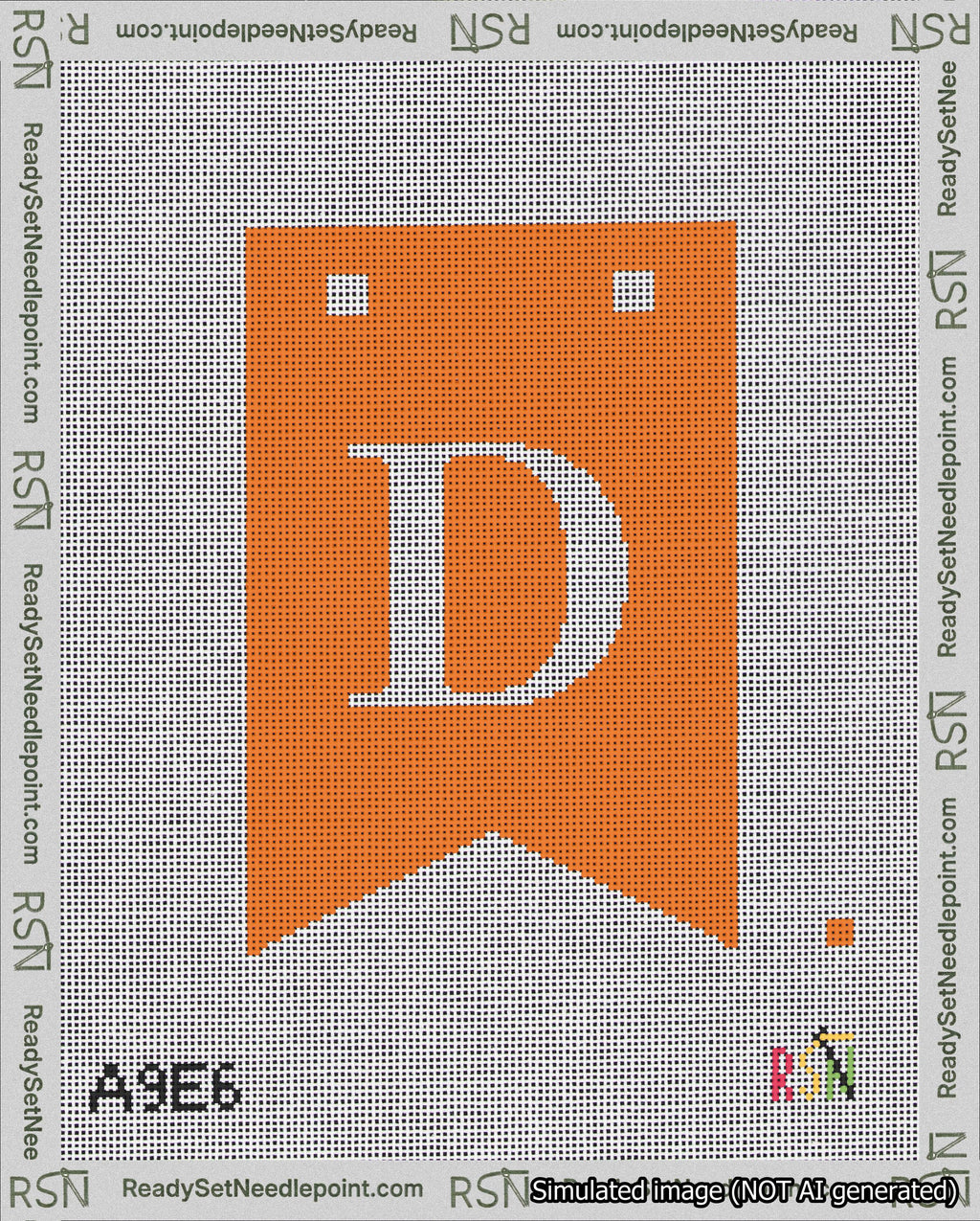 A taped needlepoint canvas with the design: Banner 18 mesh count Forked D White on Orange.
