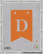 A taped needlepoint canvas with the design: Banner 18 mesh count Forked D White on Orange.
