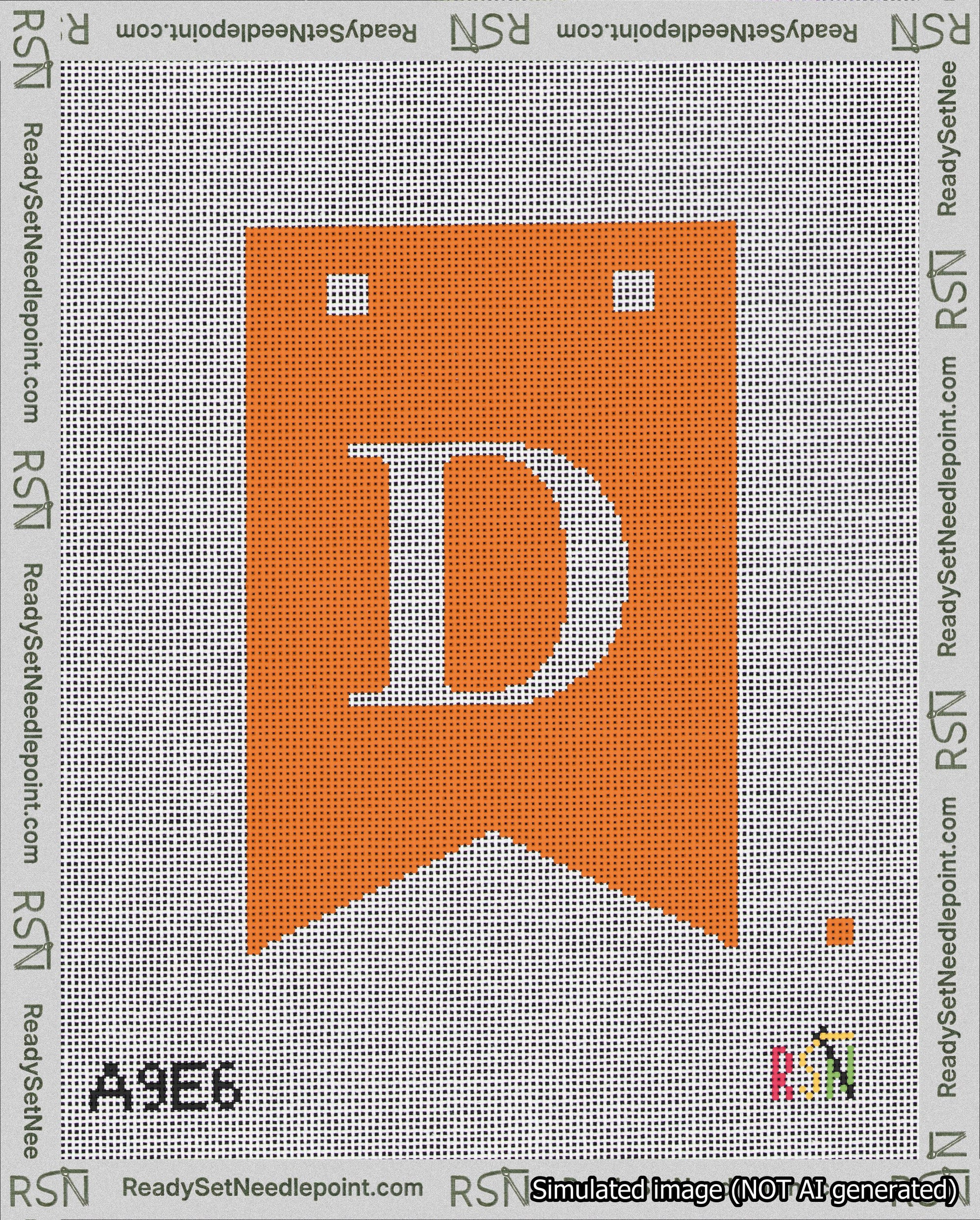 A taped needlepoint canvas with the design: Banner 18 mesh count Forked D White on Orange.