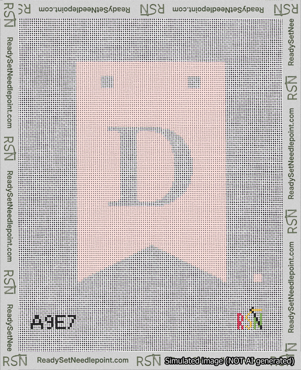 A taped needlepoint canvas with the design: Banner 18 mesh count Forked D White on Pink.
