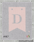 A taped needlepoint canvas with the design: Banner 18 mesh count Forked D White on Pink.