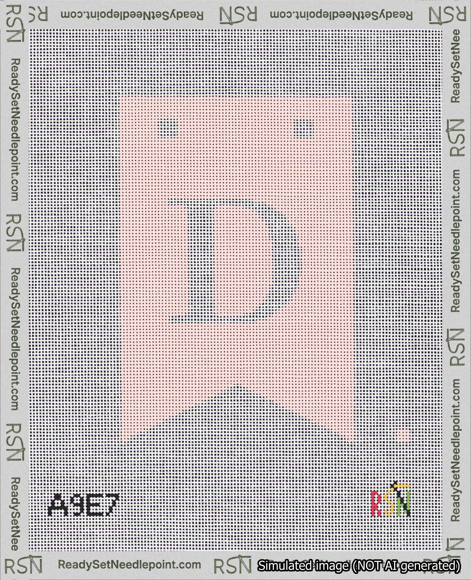 A taped needlepoint canvas with the design: Banner 18 mesh count Forked D White on Pink.