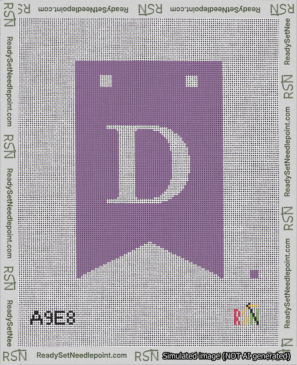 A taped needlepoint canvas with the design: Banner 18 mesh count Forked D White on Purple.