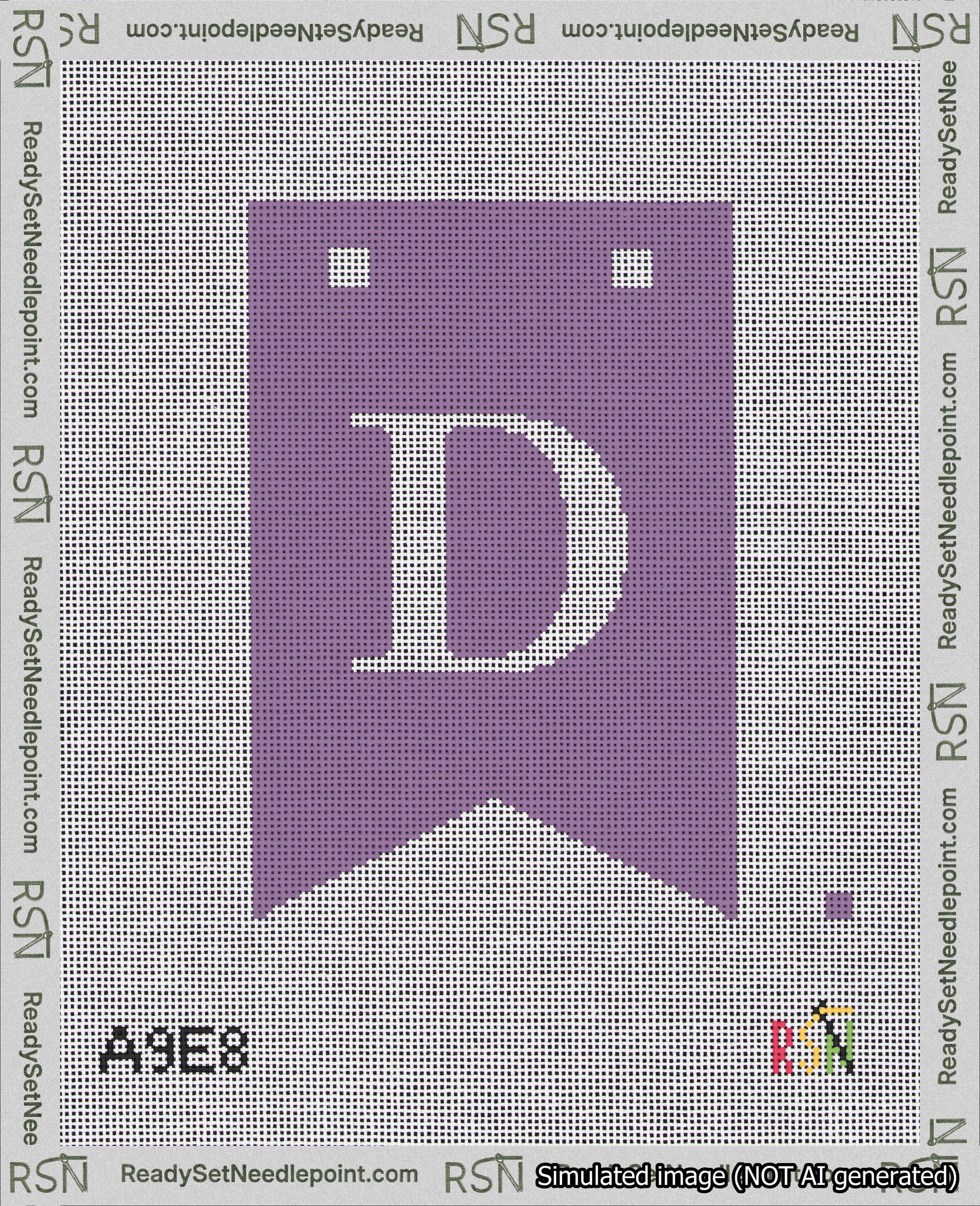 A taped needlepoint canvas with the design: Banner 18 mesh count Forked D White on Purple.