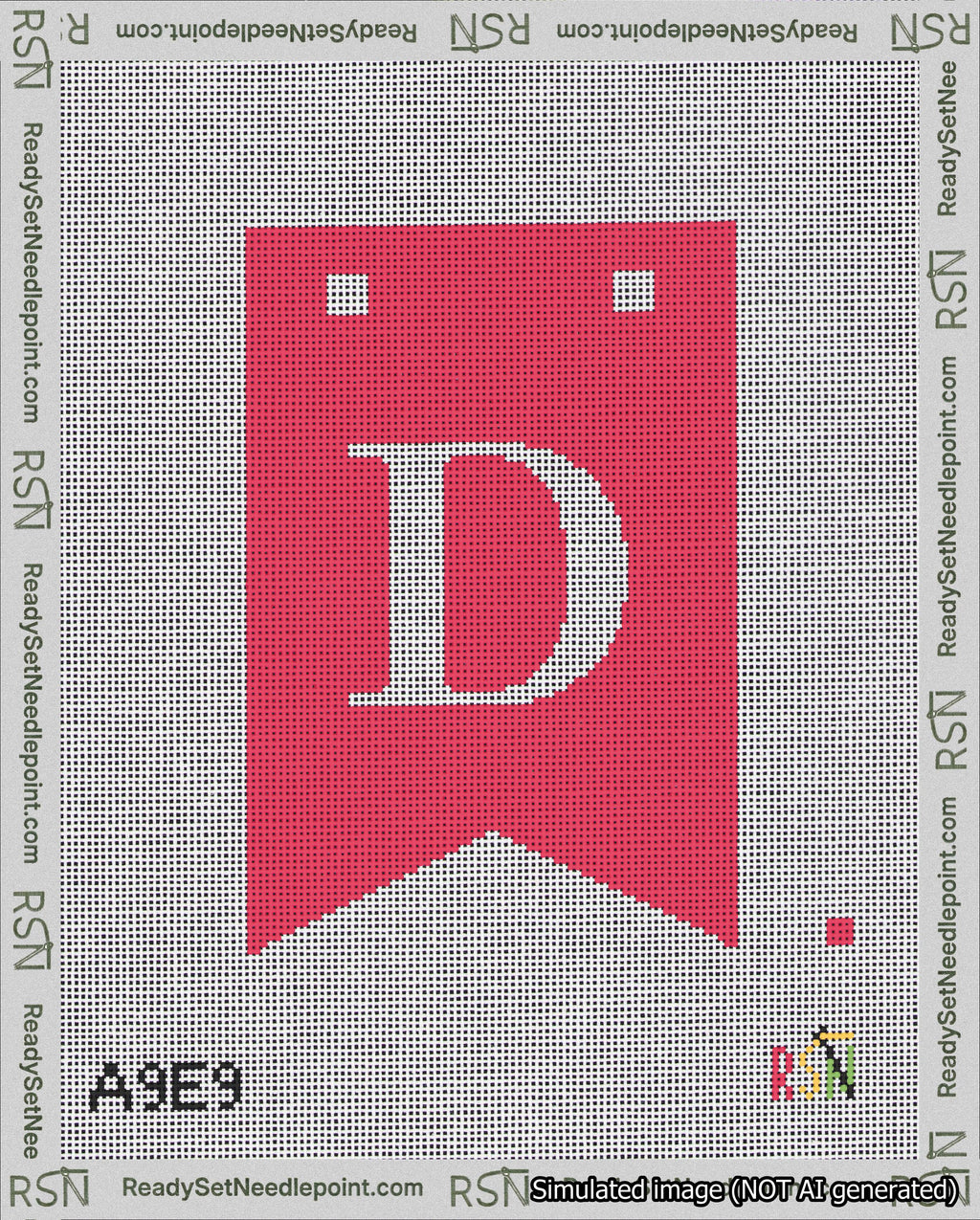 A taped needlepoint canvas with the design: Banner 18 mesh count Forked D White on Red.