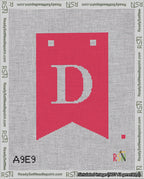 A taped needlepoint canvas with the design: Banner 18 mesh count Forked D White on Red.