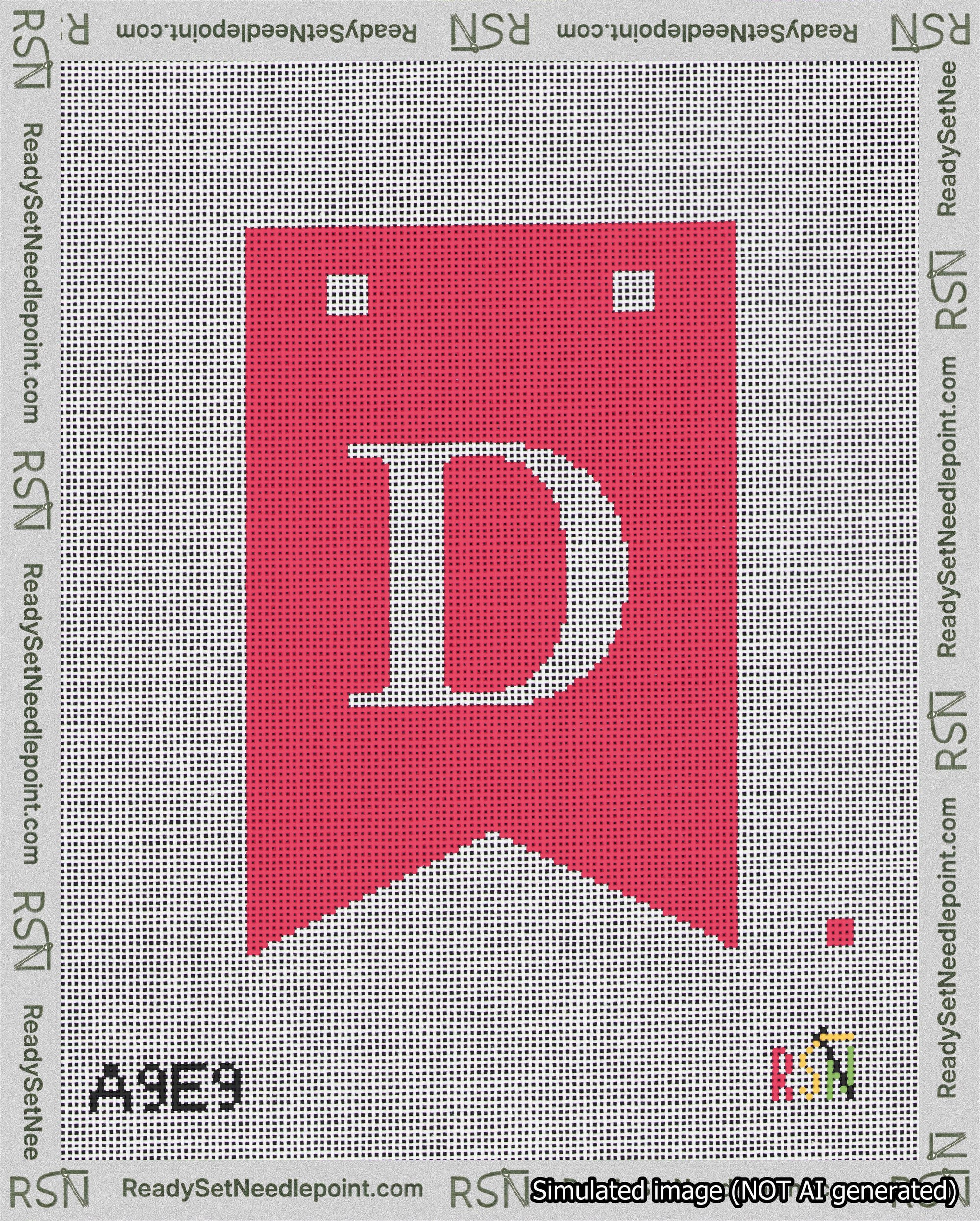 A taped needlepoint canvas with the design: Banner 18 mesh count Forked D White on Red.