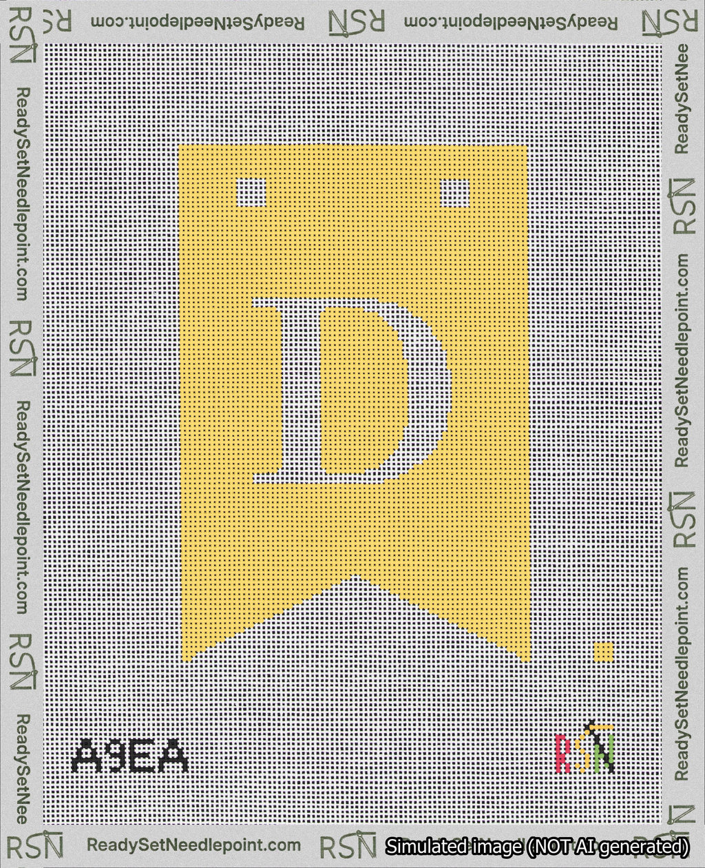 A taped needlepoint canvas with the design: Banner 18 mesh count Forked D White on Yellow.