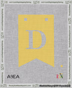 A taped needlepoint canvas with the design: Banner 18 mesh count Forked D White on Yellow.