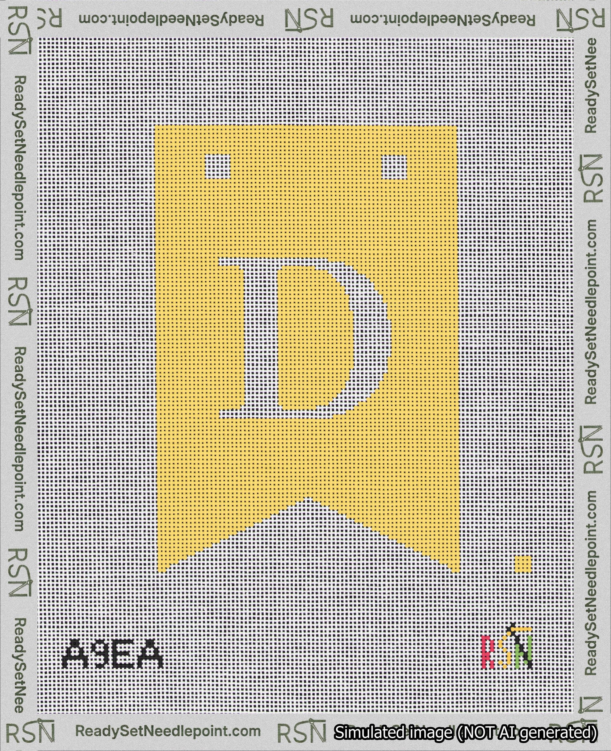 A taped needlepoint canvas with the design: Banner 18 mesh count Forked D White on Yellow.