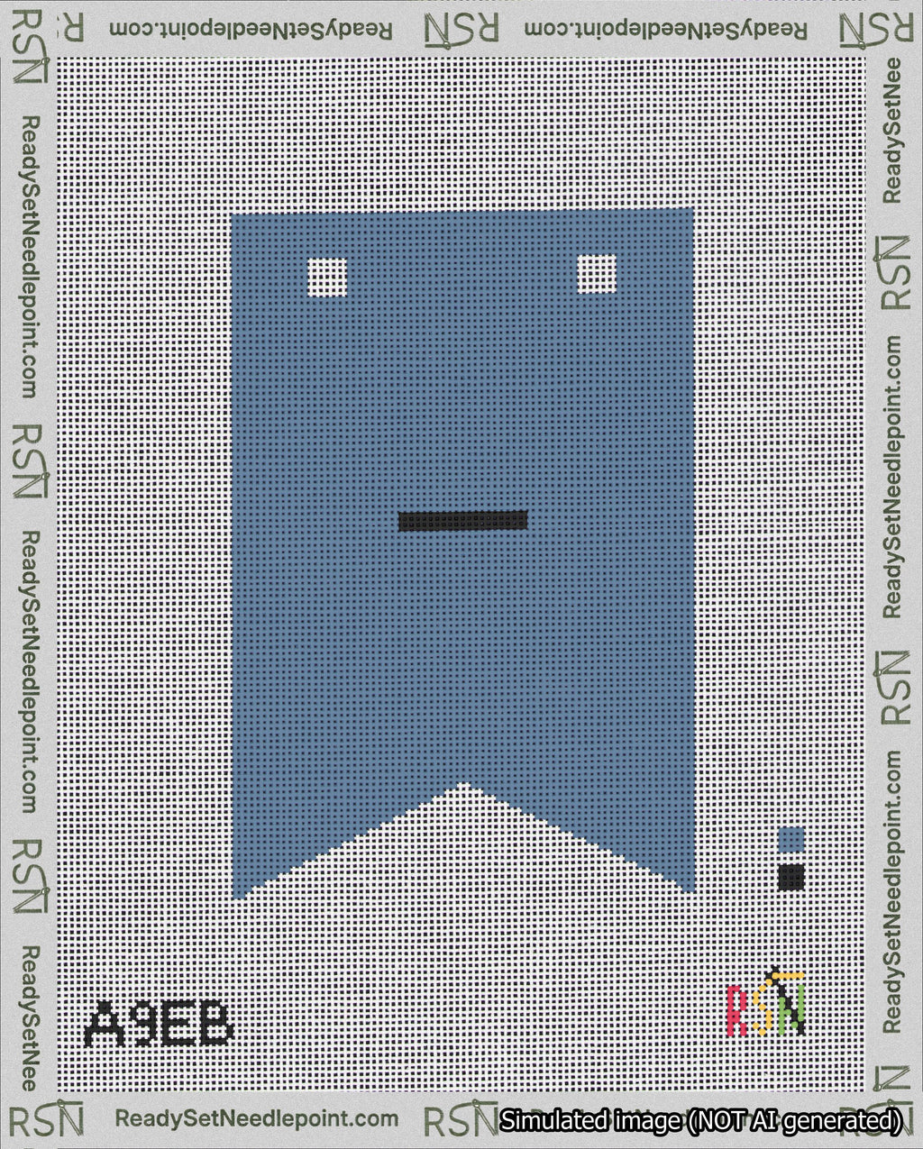 A taped needlepoint canvas with the design: Banner 18 mesh count Forked Dash Black on Blue.
