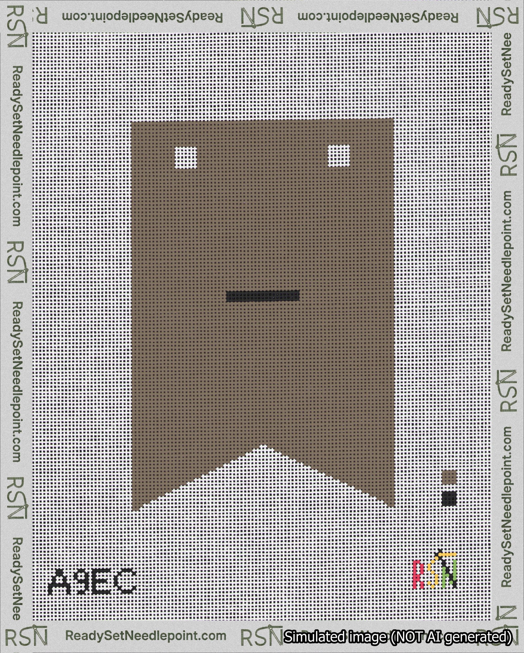 A taped needlepoint canvas with the design: Banner 18 mesh count Forked Dash Black on Brown.