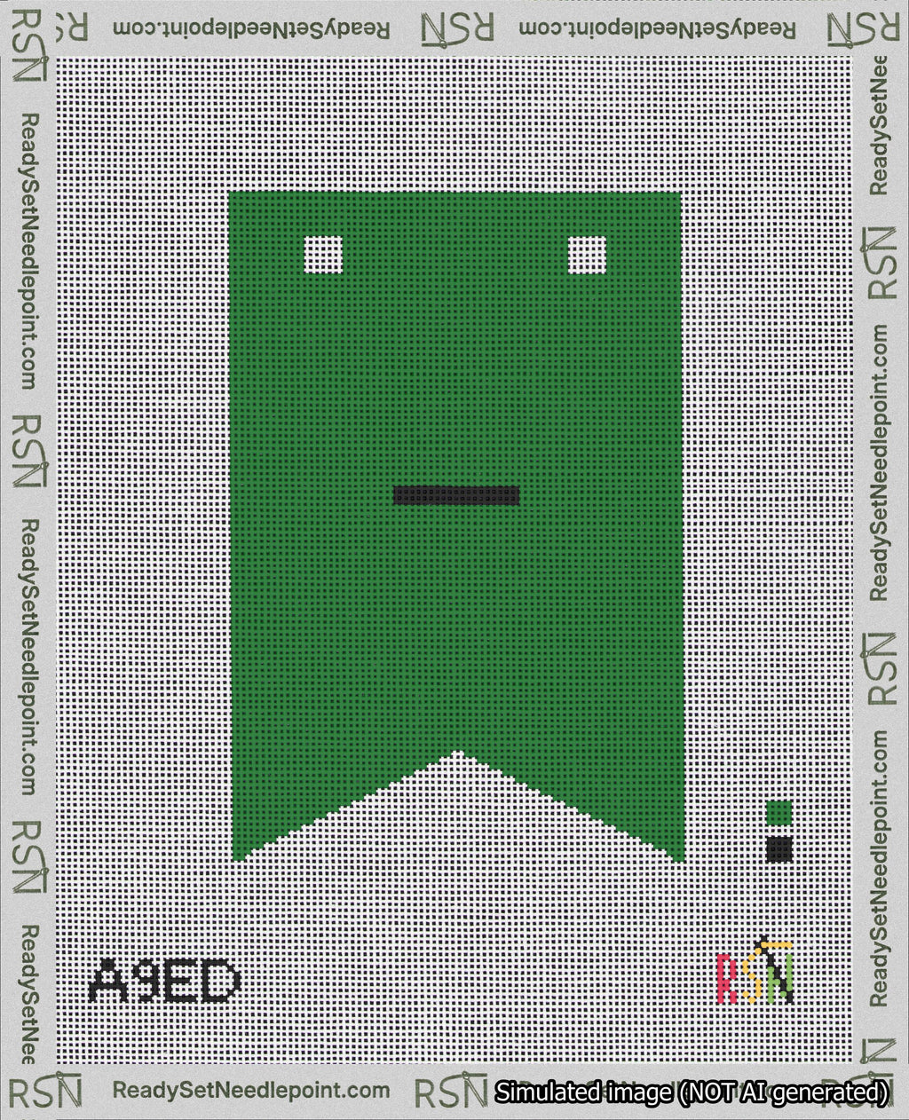 A taped needlepoint canvas with the design: Banner 18 mesh count Forked Dash Black on Green.
