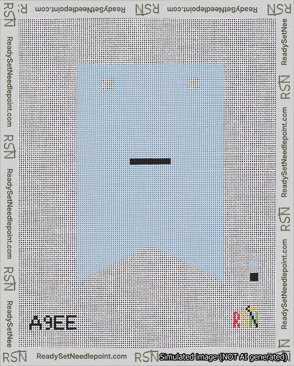 A taped needlepoint canvas with the design: Banner 18 mesh count Forked Dash Black on Light Blue.