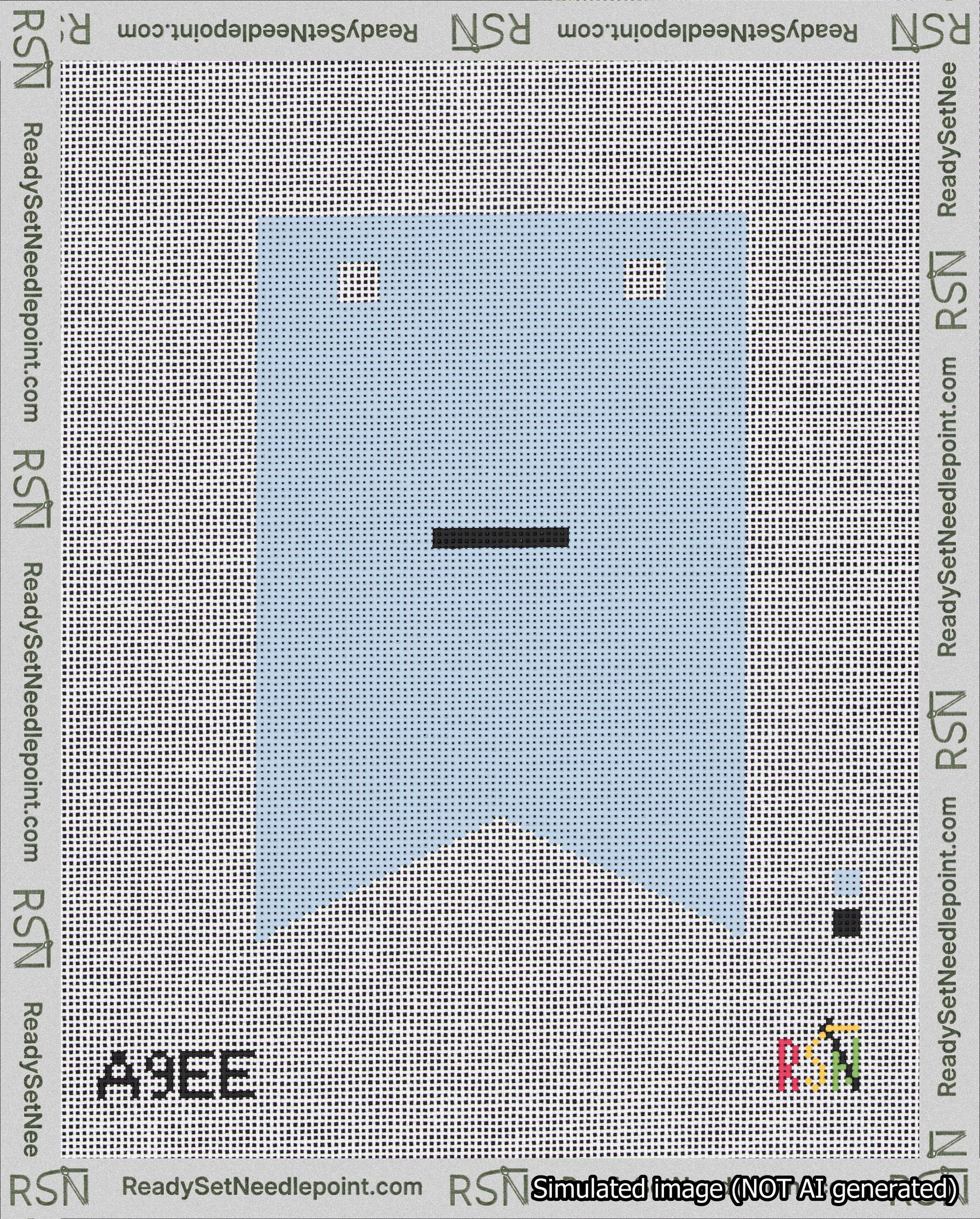 A taped needlepoint canvas with the design: Banner 18 mesh count Forked Dash Black on Light Blue.