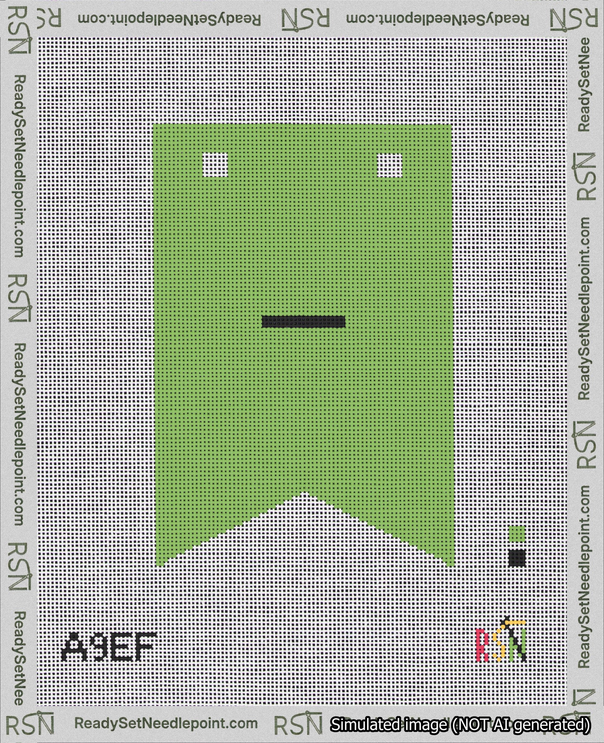 A taped needlepoint canvas with the design: Banner 18 mesh count Forked Dash Black on Light Green.