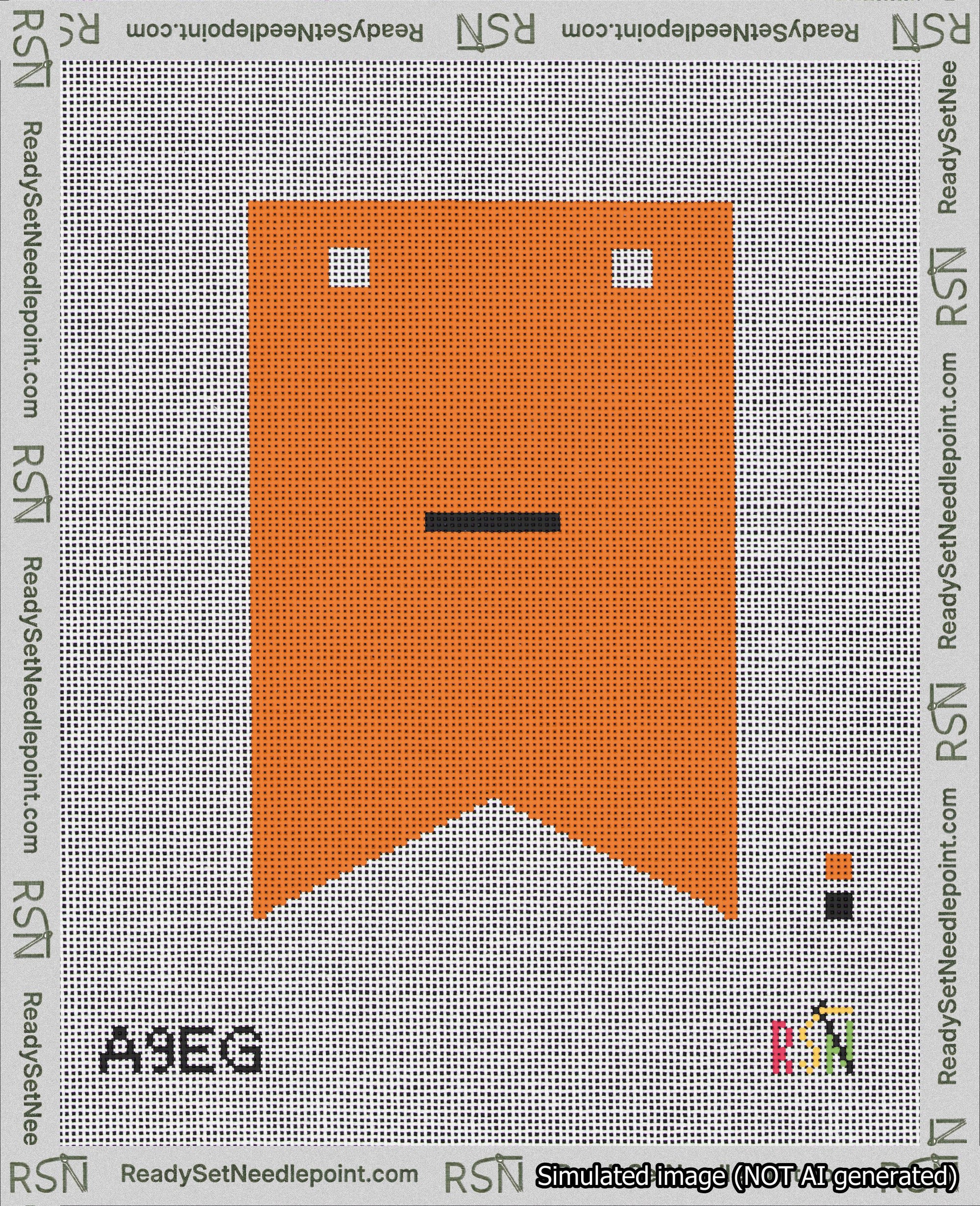 A taped needlepoint canvas with the design: Banner 18 mesh count Forked Dash Black on Orange.