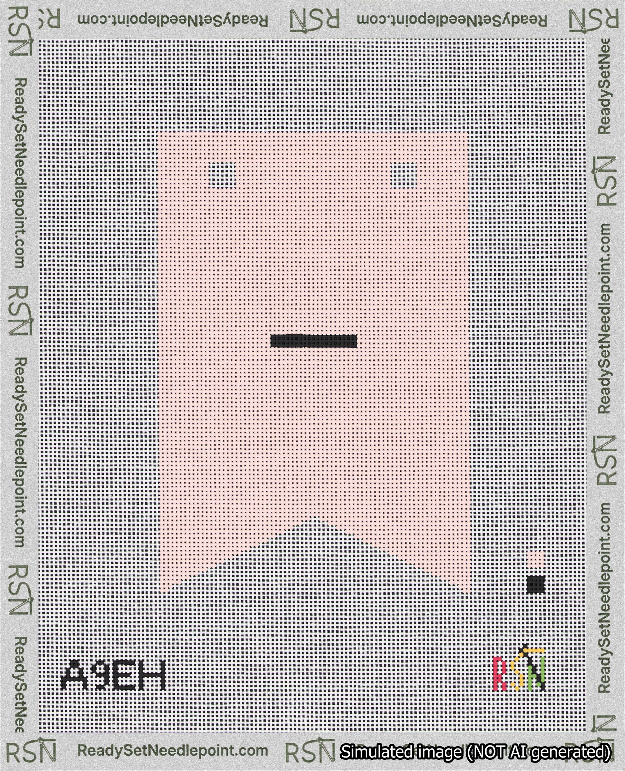 A taped needlepoint canvas with the design: Banner 18 mesh count Forked Dash Black on Pink.