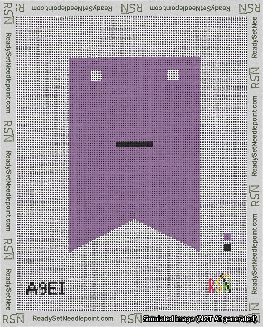 A taped needlepoint canvas with the design: Banner 18 mesh count Forked Dash Black on Purple.