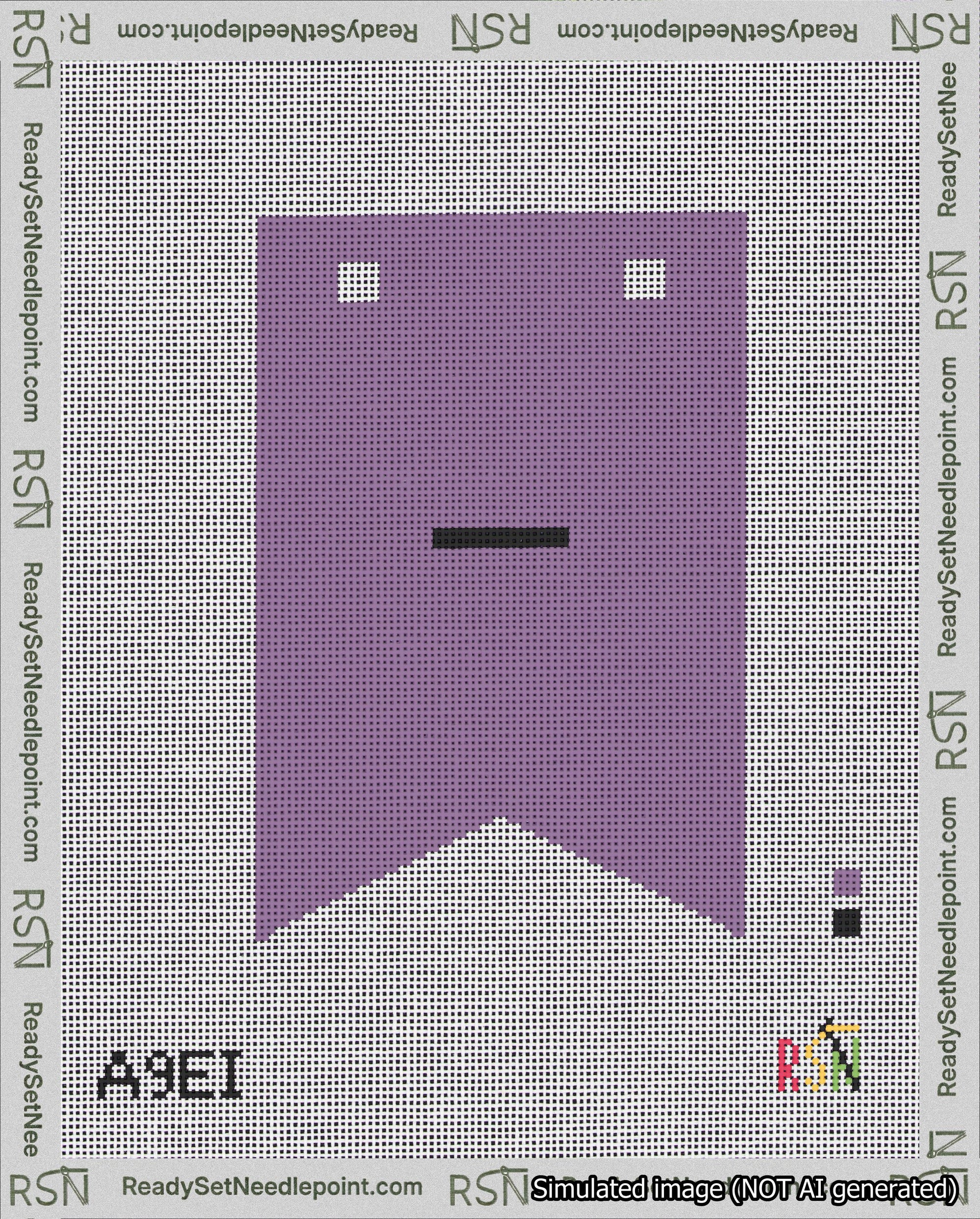 A taped needlepoint canvas with the design: Banner 18 mesh count Forked Dash Black on Purple.