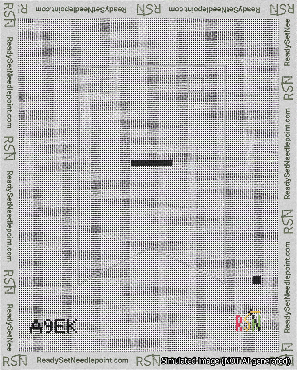 A taped needlepoint canvas with the design: Banner 18 mesh count Forked Dash Black on White.