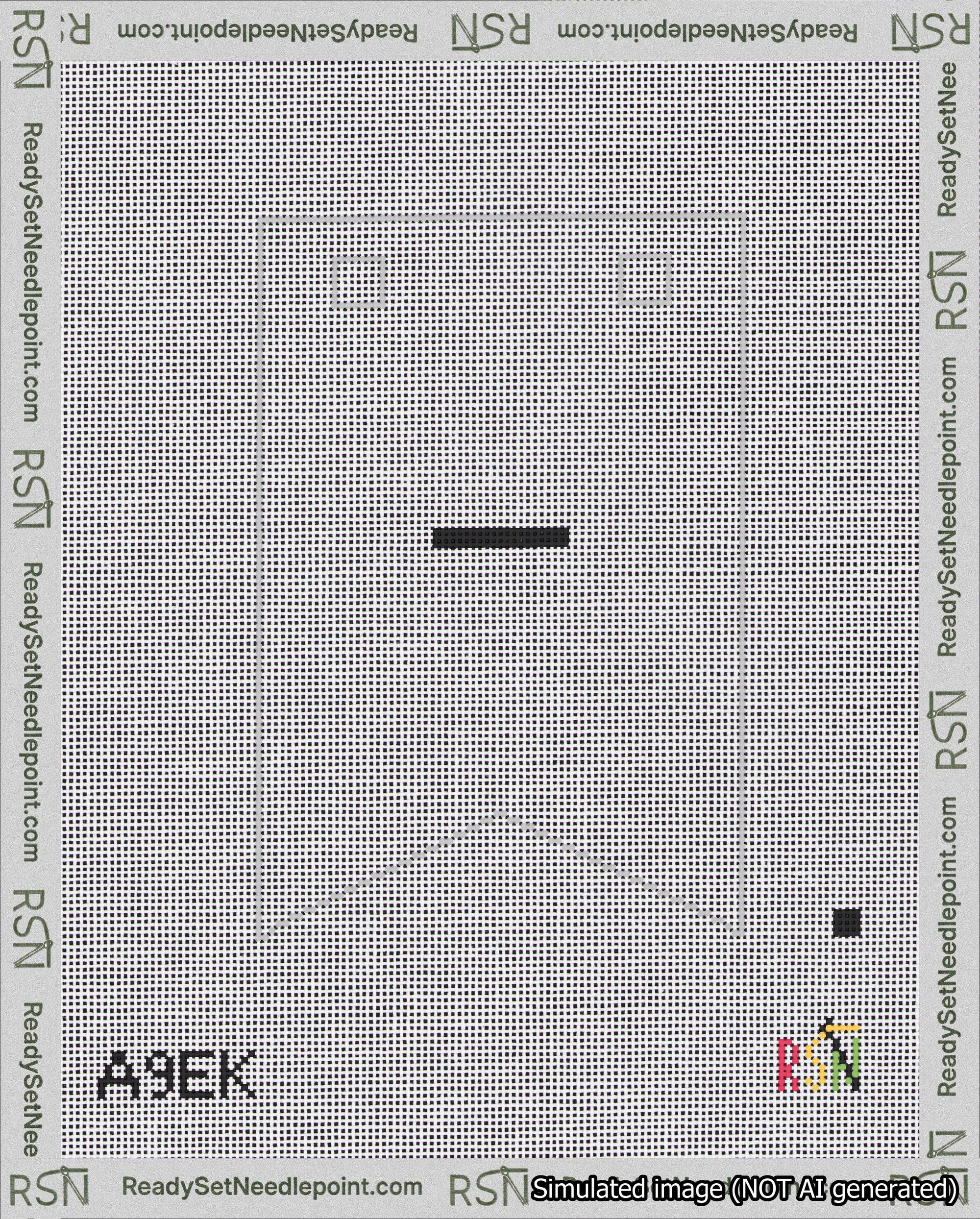 A taped needlepoint canvas with the design: Banner 18 mesh count Forked Dash Black on White.