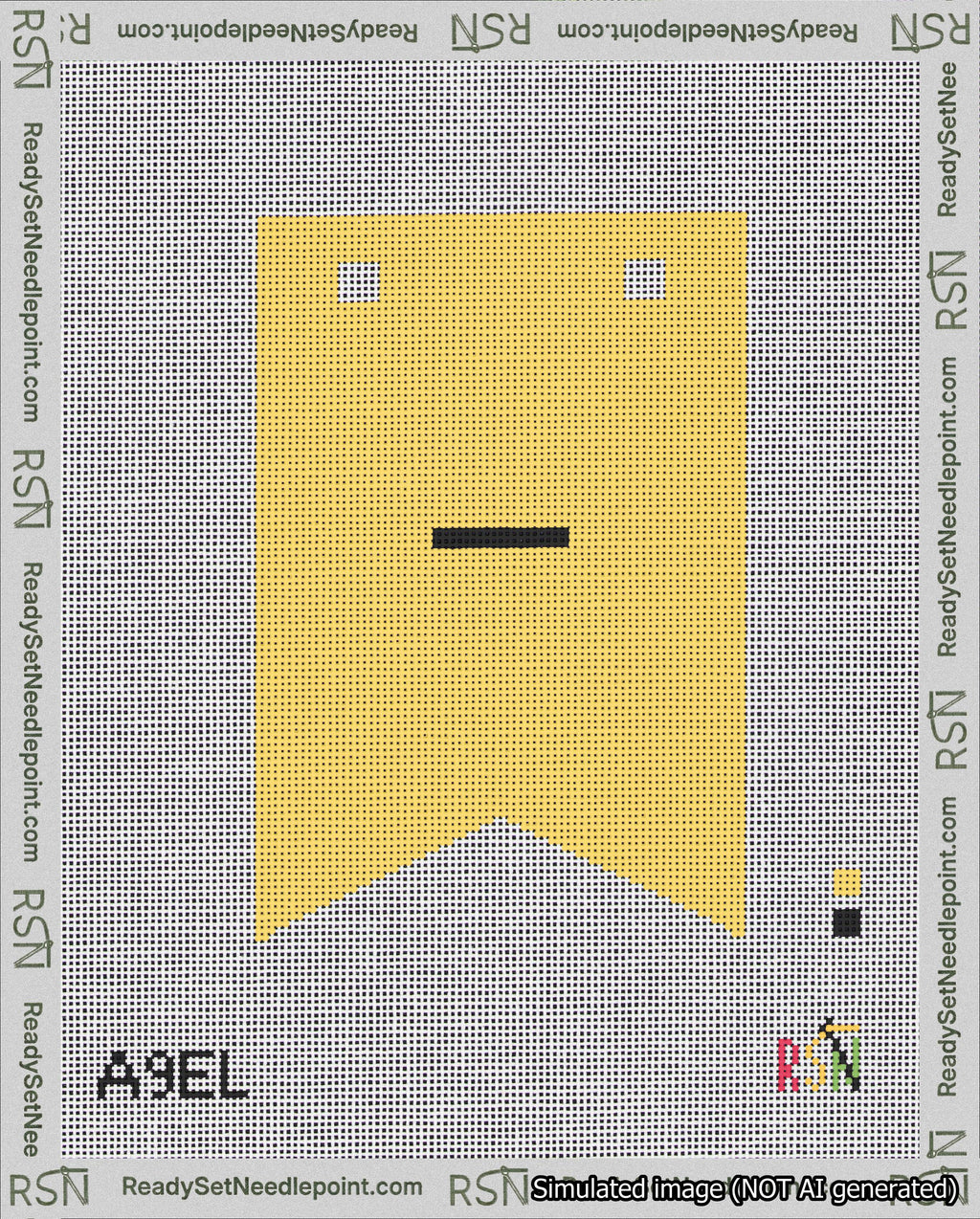 A taped needlepoint canvas with the design: Banner 18 mesh count Forked Dash Black on Yellow.