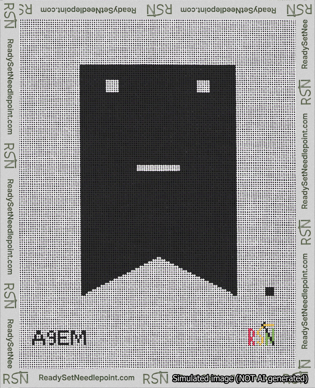 A taped needlepoint canvas with the design: Banner 18 mesh count Forked Dash White on Black.