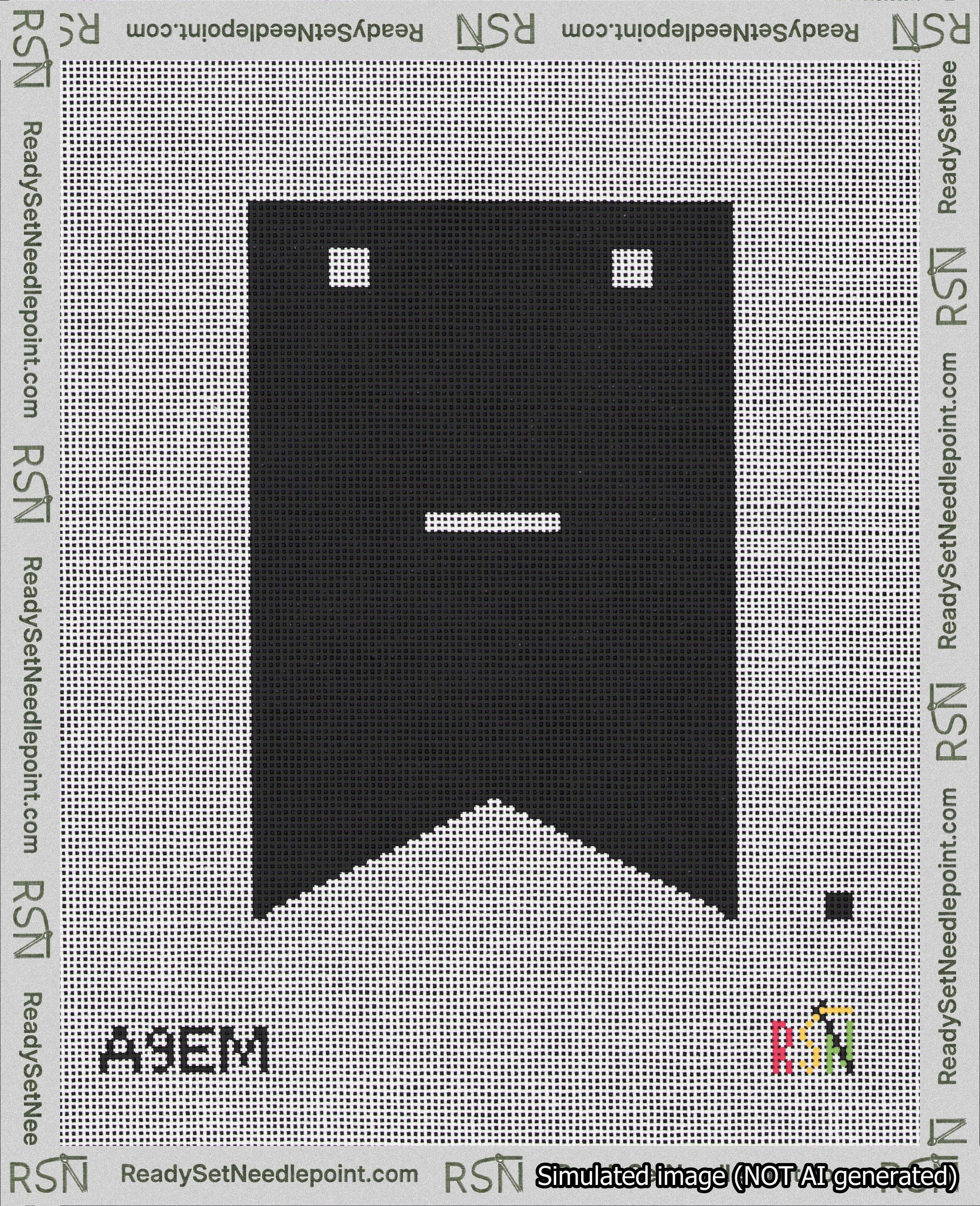 A taped needlepoint canvas with the design: Banner 18 mesh count Forked Dash White on Black.