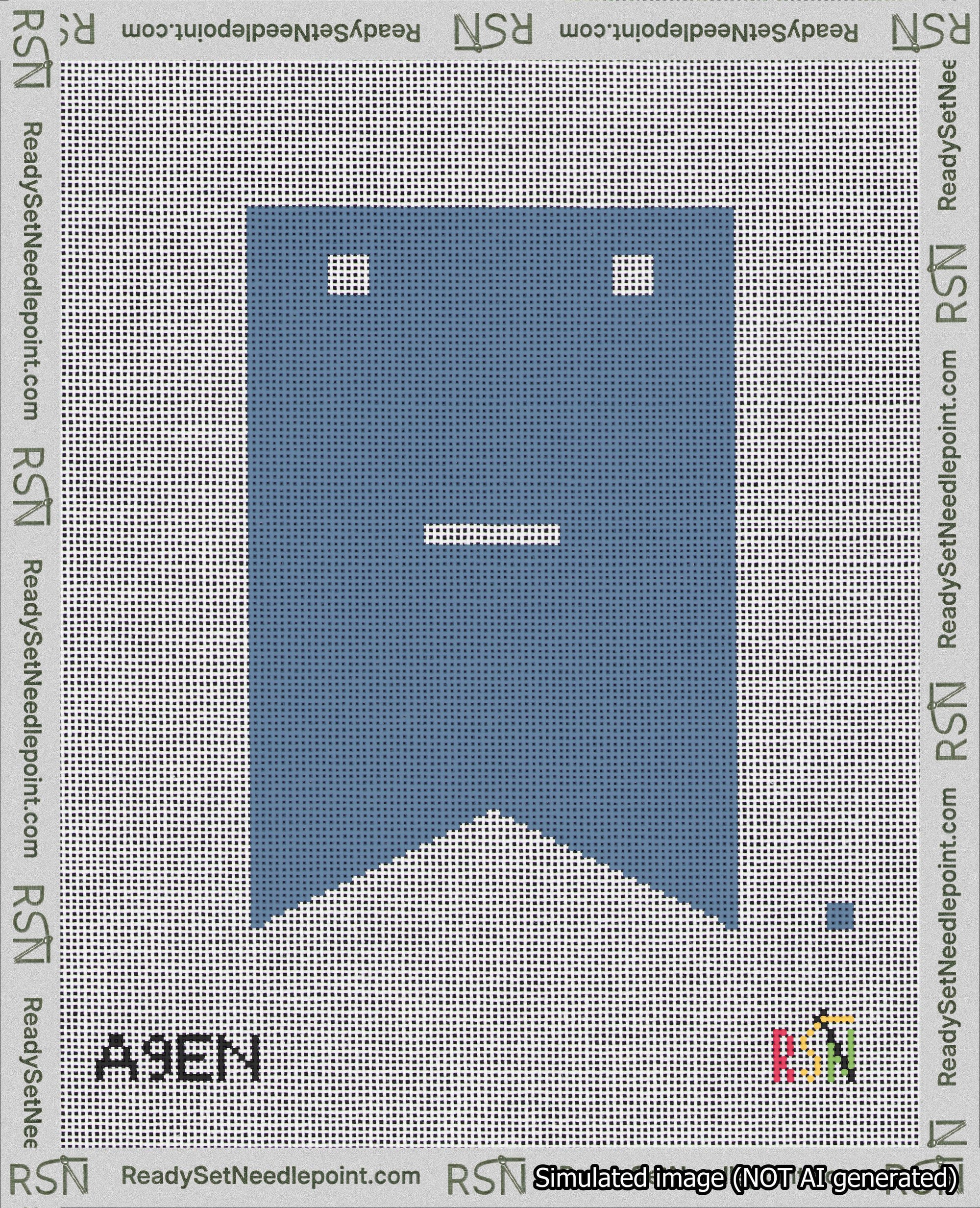 A taped needlepoint canvas with the design: Banner 18 mesh count Forked Dash White on Blue.