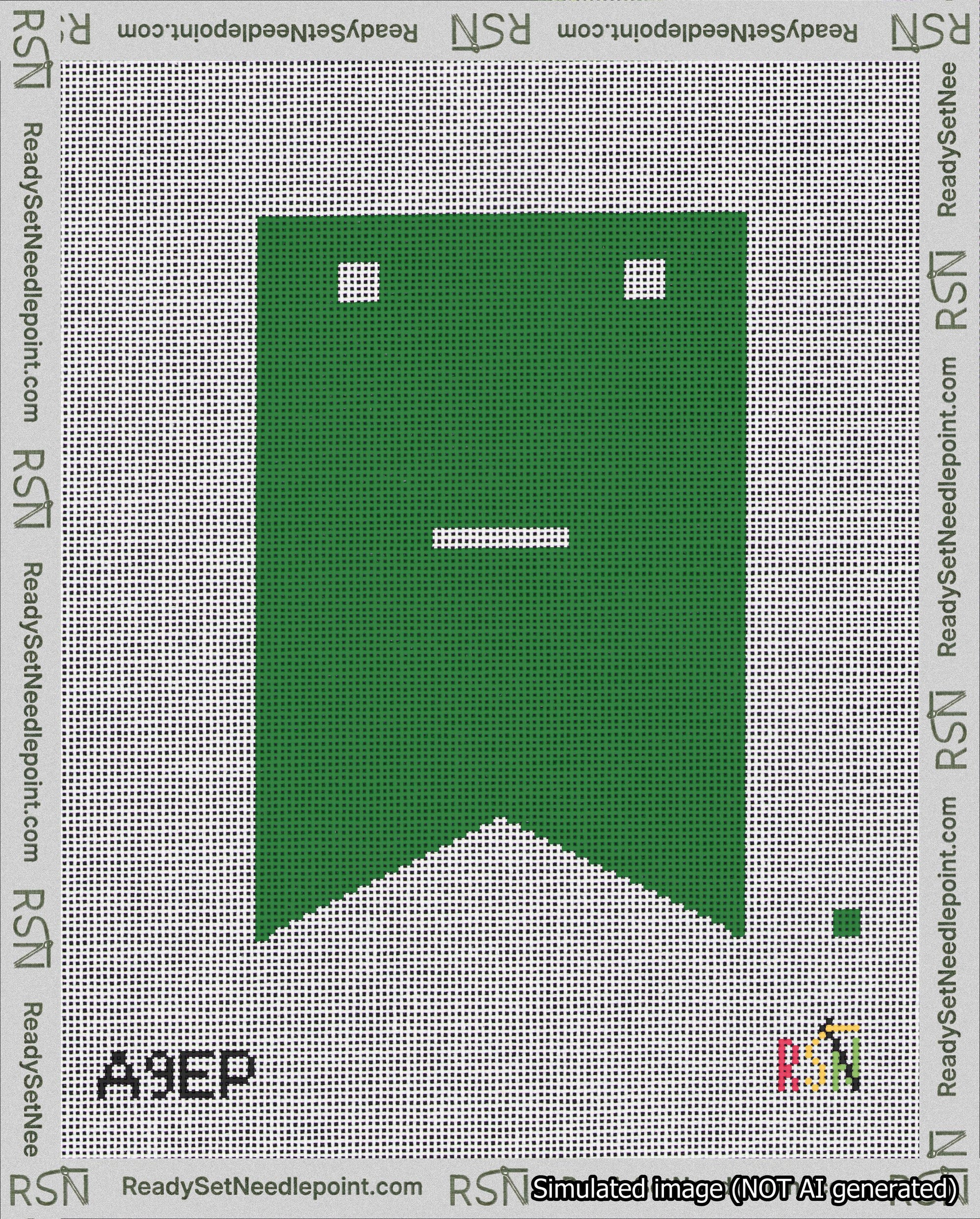A taped needlepoint canvas with the design: Banner 18 mesh count Forked Dash White on Green.