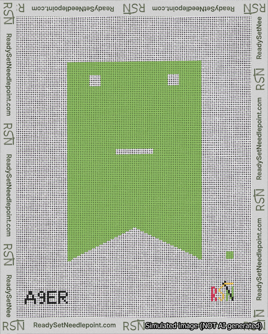 A taped needlepoint canvas with the design: Banner 18 mesh count Forked Dash White on Light Green.