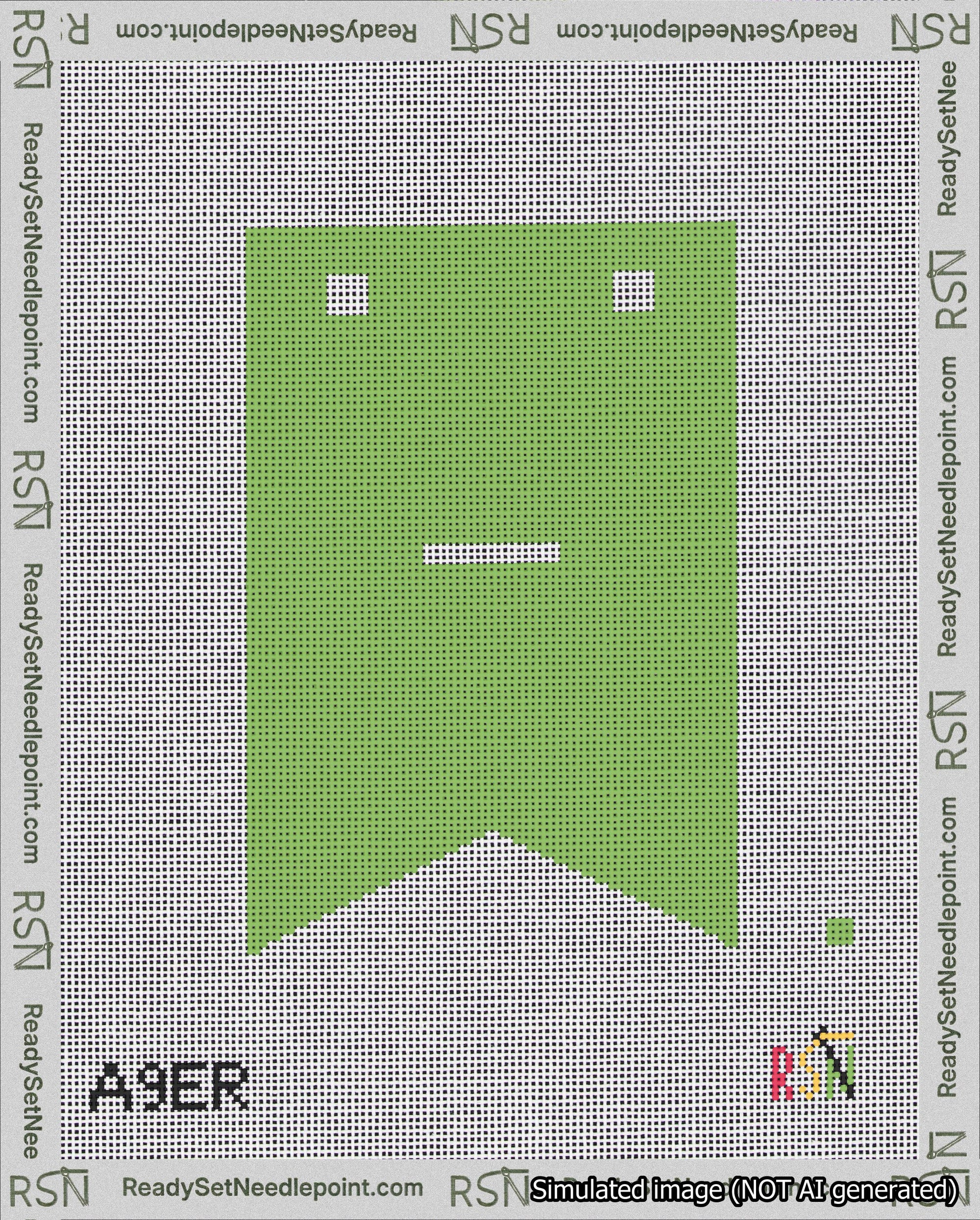 A taped needlepoint canvas with the design: Banner 18 mesh count Forked Dash White on Light Green.