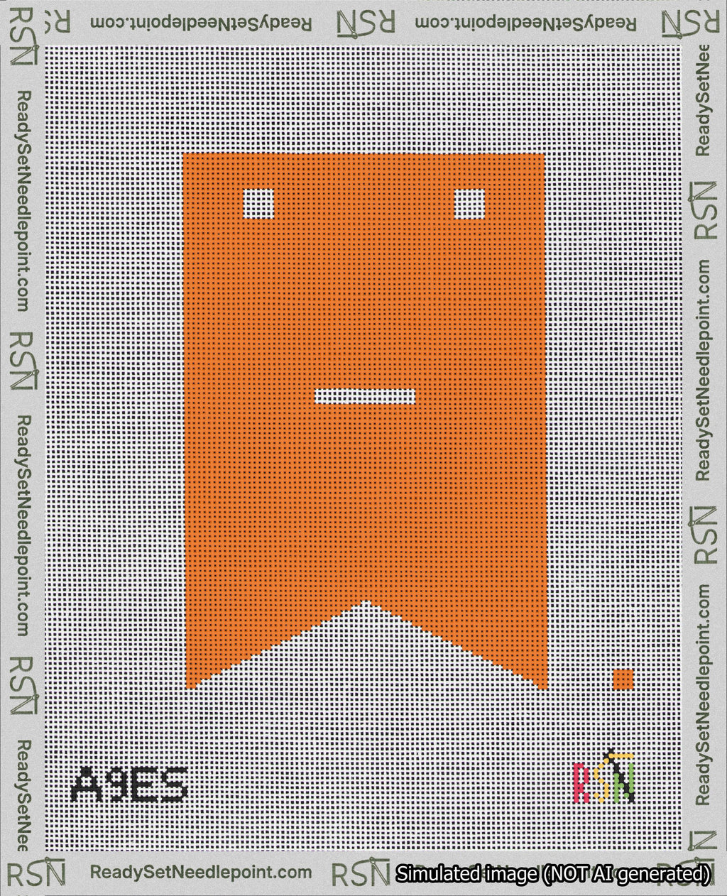 A taped needlepoint canvas with the design: Banner 18 mesh count Forked Dash White on Orange.